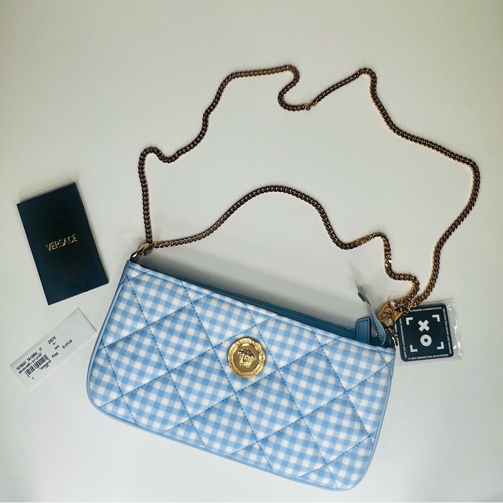Versace Mini Tessuto Pale Blue& White Fabric w/ Calf Leather *NWT*